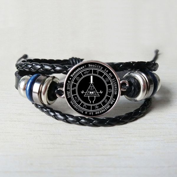 

gravity falls mysteries logo leather bracelet bill cipher wheel silver art handmade vintage gift leather bracelet for kids, Black