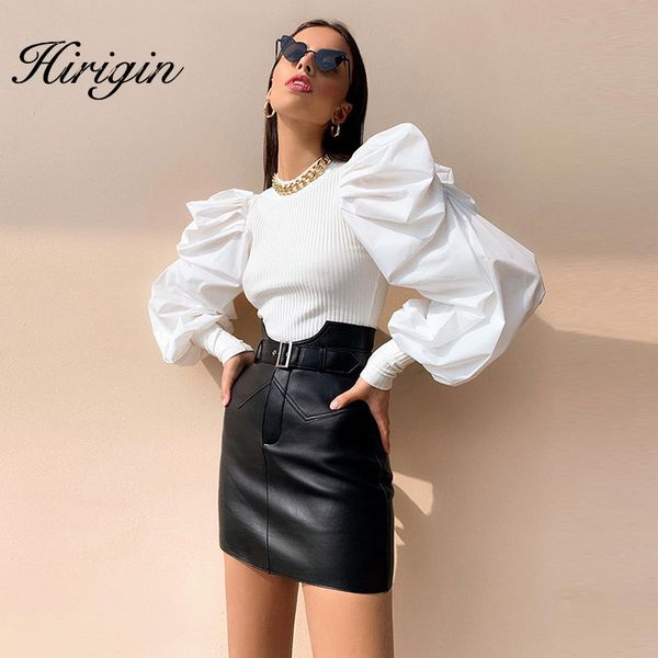

patchwork knitting women's sweaters o neck puff sleeve ruched streetwear female sweater autumn fashion new 2019, White;black
