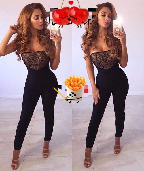 

women's hl bandage jumpsuits off the shoulder bodycon jumpsuits lace celebrity fashion wear, Black;white