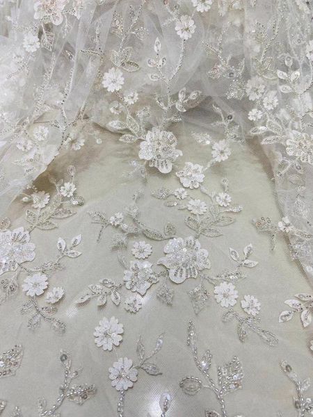 

2020 latest style wedding dress bridal wear 3d applique sequins + beads qulaity tulle embroidery french lace fabric, Pink;blue