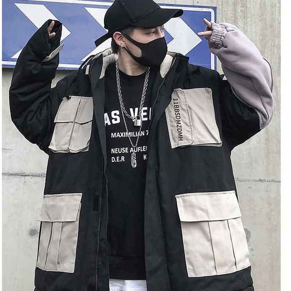 

fashion men's coat multi pockets patchwork parkas streetwears for boys casual thick padded jackets men's hip hop windbreakers, Tan;black