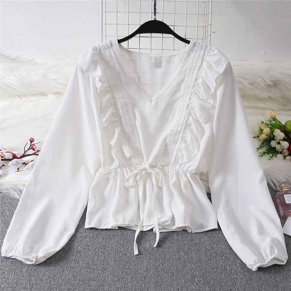 

summer blouse women v neck long sleeve shirt ruffle blouse casual loose lace ladies blouses women shirt camiseta mujer, White