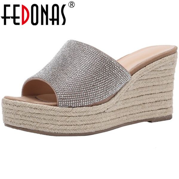 

fedonas kid suede leather rhinestone women sandals for girls peep toe wedged platforms high heels pumps wedding new shoes woman, Black
