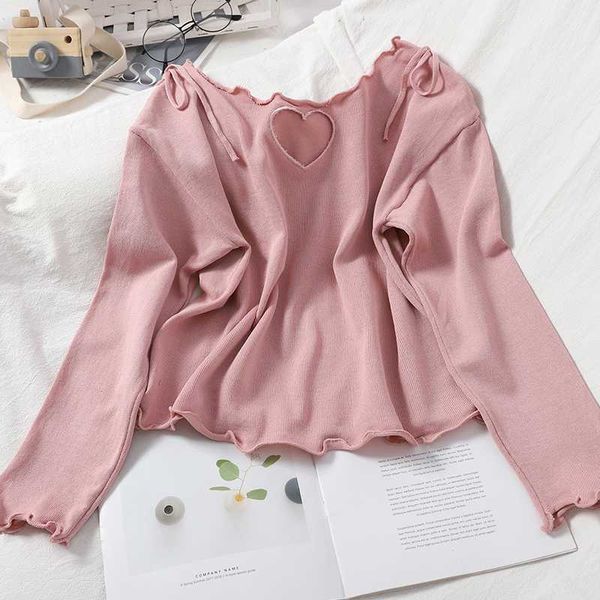 

korean love heart hollow-out knitted pullover women long sleeve bow tie o-neck knitwear slim fashion pull femme cotton polyester, White;black