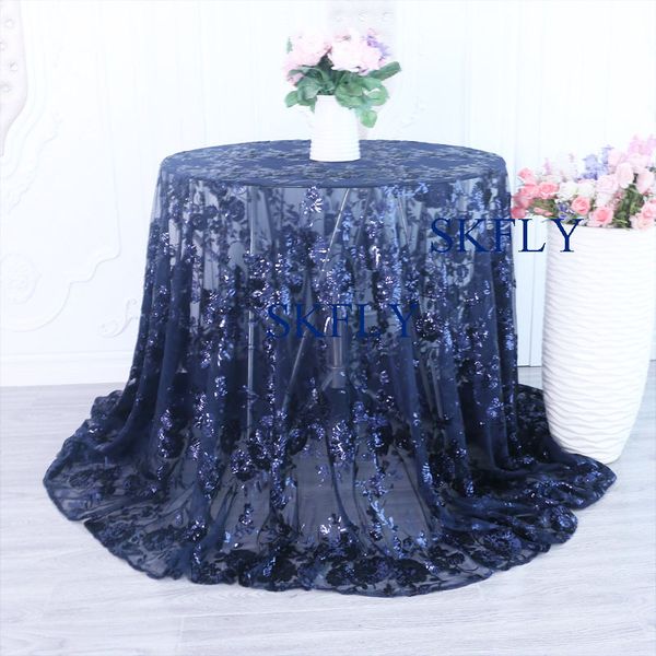 

cl090a new arrival custom made 2019 gorgeous china supplier fancy navy blue embroidery silver sequin lace wedding table cloths
