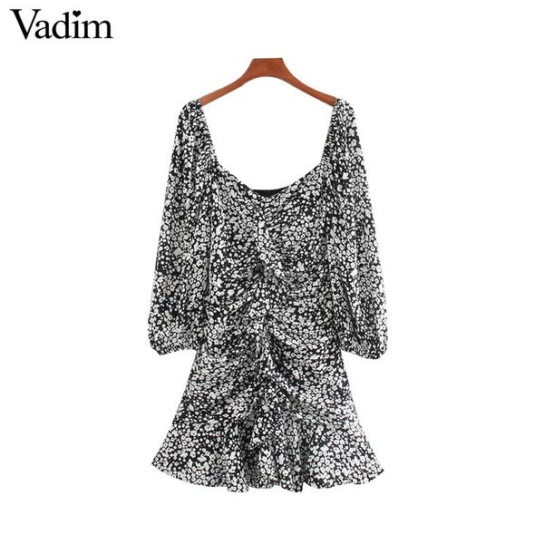 

vadim women print ruffled mini dress side zipper three quarter sleeve pleated design female slim casual dresses qd188, Black;gray