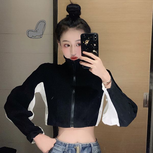 

spring autumn new turtleneck zipper crop coats korean style women's clothing fashion brand panelled patchwork jackets modis, Black;brown
