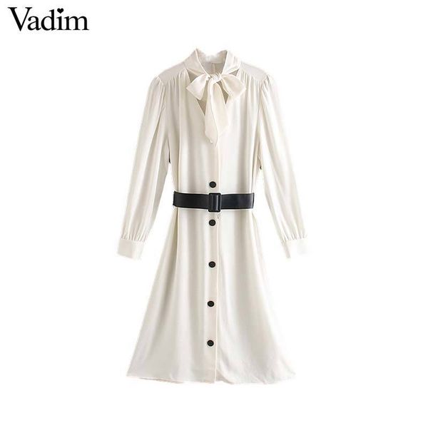 

vadim women stylish white midi dress bow tie collar sashes long sleeve female office wear basic knee length dresses qd182, Black;pink