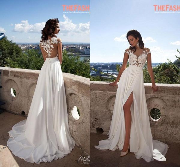 

2019 backless a-line chiffon beach wedding dresses lace appliques sheer neck cap sleeves thigh-high slits bridal gowns custom made, White