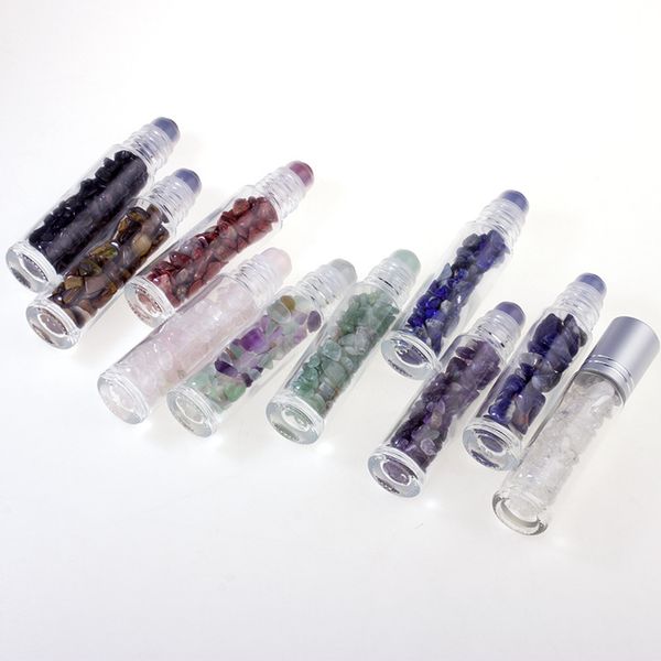 600 pezzi Bottiglie di sfere di olio essenziale di pietre preziose naturali 10ml Profumi trasparenti Liquidi di olio Roll On Bottiglie con chip di giada di cristallo