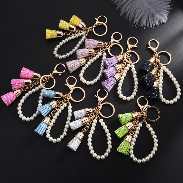 

новый sequined кисточкой брелок мода candy цвет кожа pu кисточки брелки pearls keyring автомобили сумка шарм подвеска аксессуары, Silver
