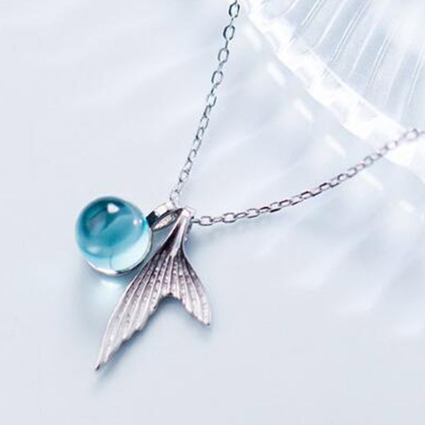 

chic ocean wind necklace small fresh blue gradient mermaid crystal necklace exquisite girl birthday gift, Silver