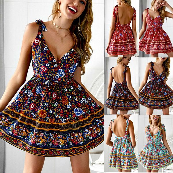 

women strappy backless casual print dress sundress ladies girl summer sleeveless holiday beach mini dress, Black;gray