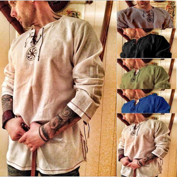 

2019 autumn men casual slim shirts cotton linen long sleeve shirt v-neck drawstring shirt male plain color plus size, White;black