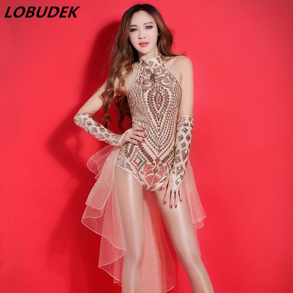 

gold sequins halter collar bodysuit women singer leading dance costume bar night club performance wear party bodysuit, Black;red