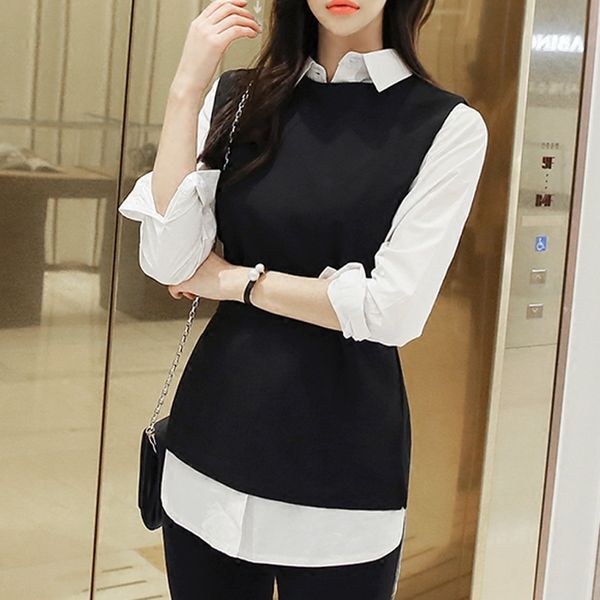 

2019 new spring two pieces shirt and waistcoat solid sashes office lady slim women korean blouse casual fashion women bluas, White