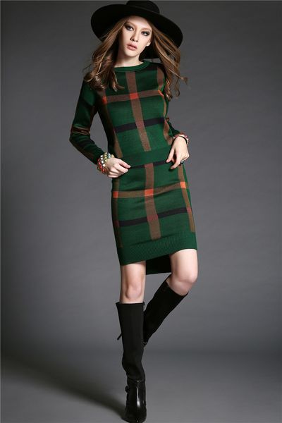 

2017 fashion women dress sweater plaid packet buttock render dresses red green blue 9790, Black;gray