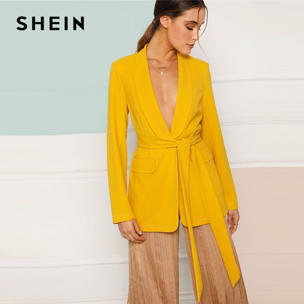 

shein yellow shawl collar self belted single breasted solid plain blazer women pocket 2019 spring minimalist coat outerwear, White;black
