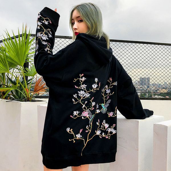 

Januarysnow Hip Hop Hoodie Sweatshirt Embroidered Bird Floral Mens Streetwear Harajuku Hoodies Pullover Loose Cotton Sweat Shirt 2019 Autumn