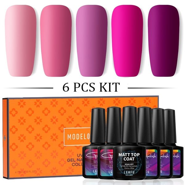 

modelones 6pcs/lot matte effect uv gel polish box packing nail art gel polish semi permanent matte coat led nail varnish, Red;pink
