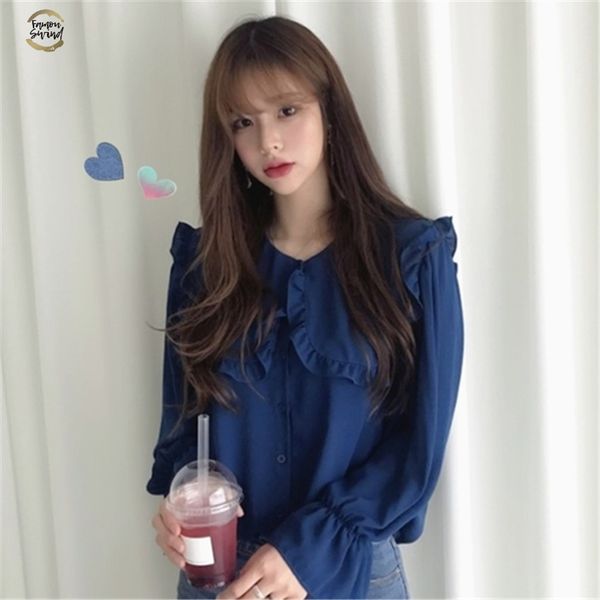 

women blouses autumn fashion casual peter pan collar solid shirt long sleeve women linen ruffles shirts blusas mujer, White