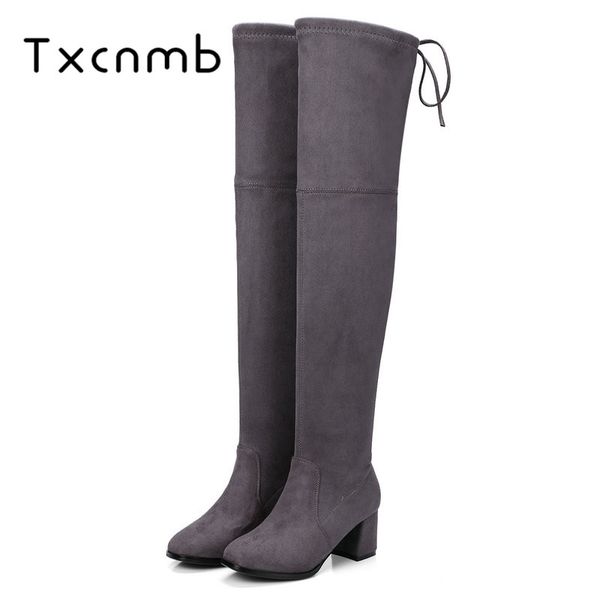 

txcnmb 2018 over the knee boots slim look square high heels out door winter ladies shoes women boots short plush plus size 11 12, Black