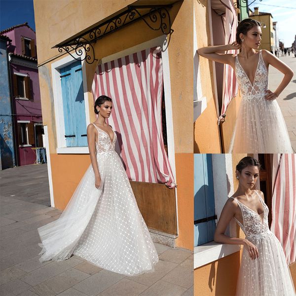 

gali karten a line wedding dress appliques v neck sleeveless wedding dresses floor length boho bridal gowns, White