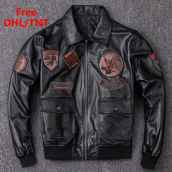 

genuine leather jackets plus size 5xl g1 pilots sheepskin jacket men's vintage classic coat dhl fast shipping, Black