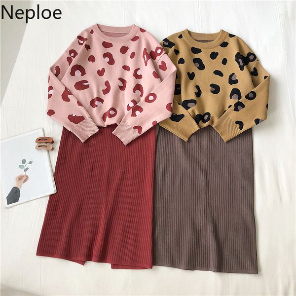 

neploe autumn winter korean knitted suits leopard long sleeve pullover sweater + split knee skirt women two pieces sets 56296, White