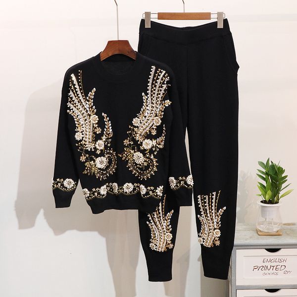 

2019 autumn 2 piece set women beading embroidery knitted sets sweater trousers pants suit winter women two piece set tracksuits, White