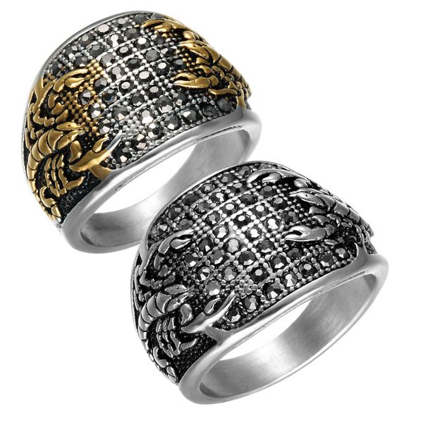 

punk vintage black crystal scorpion pattern mens ring gold color round stainless steel titanium rings for men jewelry, Silver