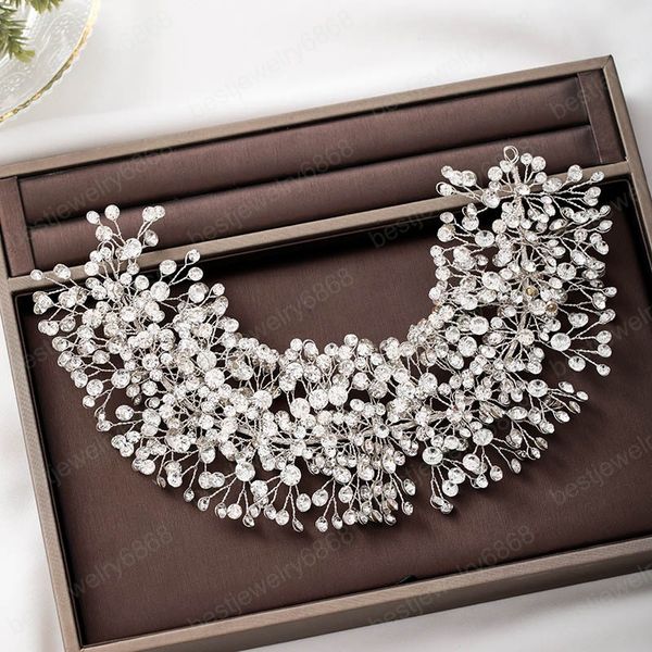 Jóias de luxo artesanal Cor Prata Headband Shinny completa Rhinestone Tiaras Beads cabelo casamento Mulheres Bridal Party Headpeice