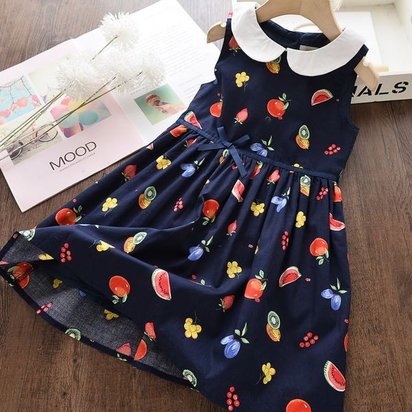 

2020 new summer girls' dress doll collar bow fruit print vest party princess dress children's baby kids girls clothing 6 pcs/lot, Red;yellow