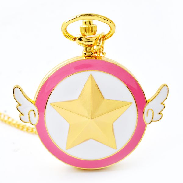 

wings star cartoon pink pocket watches toy version stars pocket watch pendant necklace fob quartz for girl cosplay anime jewelry, Slivery;golden