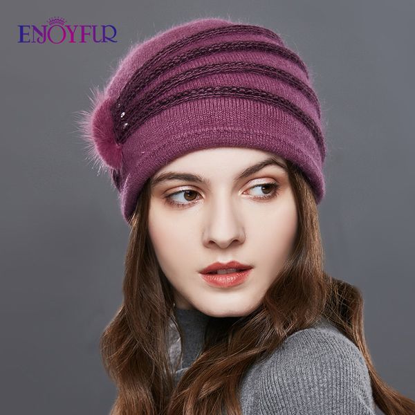 

enjoyfur pearl decoration cashmere knitted hat female oblique stripes winter hats women thick warm beanies lady middle-aged caps, Blue;gray