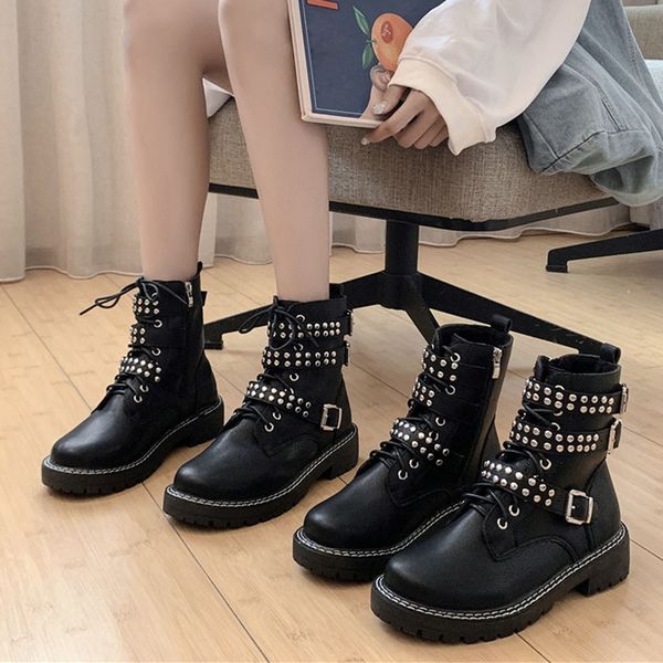 

warm zipper belt buckle ankle boots for women round toe fashion rivet leather martins boots woman shoes non-slip winter boots t200520, Black