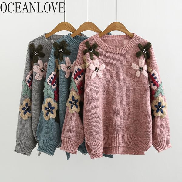 

oceanlove embroidery floral women sweaters beading japan style sweet female pullover 2019 autumn lantern sleeve pull femme 13061, White;black