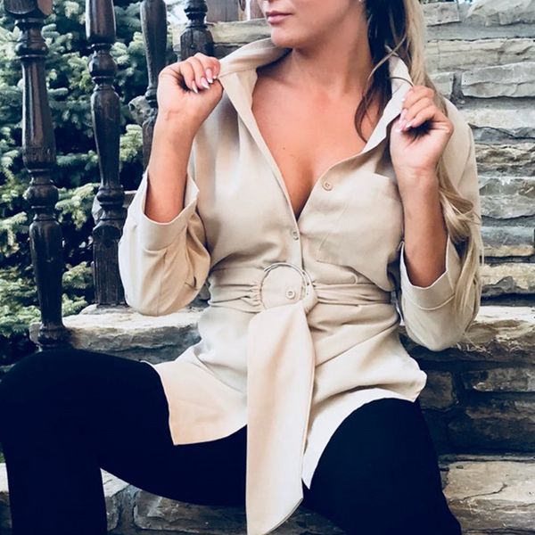 

blouse woman womens clothing women new blouses long autumn springcasual buttons ladies lace up fitted waist shirt drop shipping, White