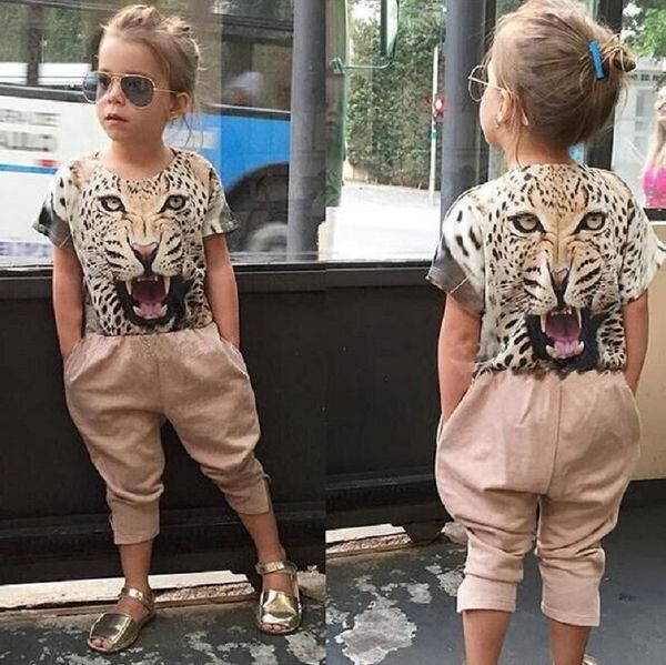 

retail girls boutique outfits summer 2pcs pants short kids leopard short sleeve tshirt+loose pant baby tracksuit casual sportwear suits sets, White