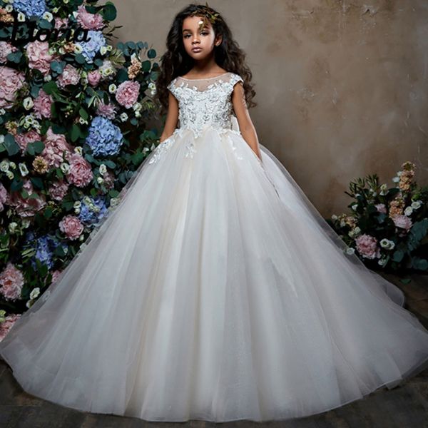 

elegant flower girl dresses lace applique sleeveless fluffy princess gown first communion pageant kids evening dresses, White;blue