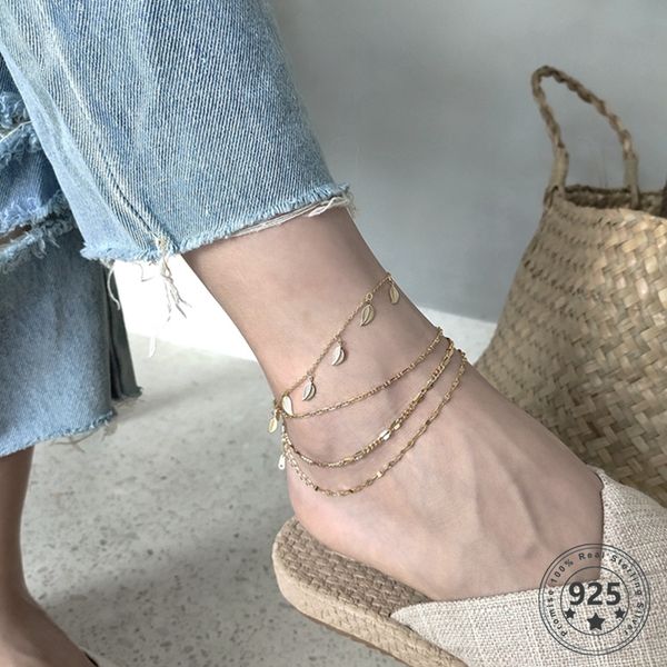 

louleur 925 sterling silver leaves anklets elegant fashion adjustable gold plant anklet for women summer trendy leg foot jewelry, Red;blue