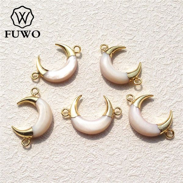 

fuwo carved white crescent shell connector pendant 24k gold electroplate double loops pearl jewelry supplies wholesale pd544, Silver