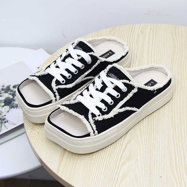

2020 new casual half drag canvas shoes solid color sports shoes women's heelless lazy flat fashion sneakers, Black