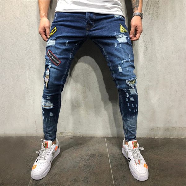 

summer holes have badges embroidered labeling youth fashion trend jeans 2019 new fashion hip hop jeans, Blue