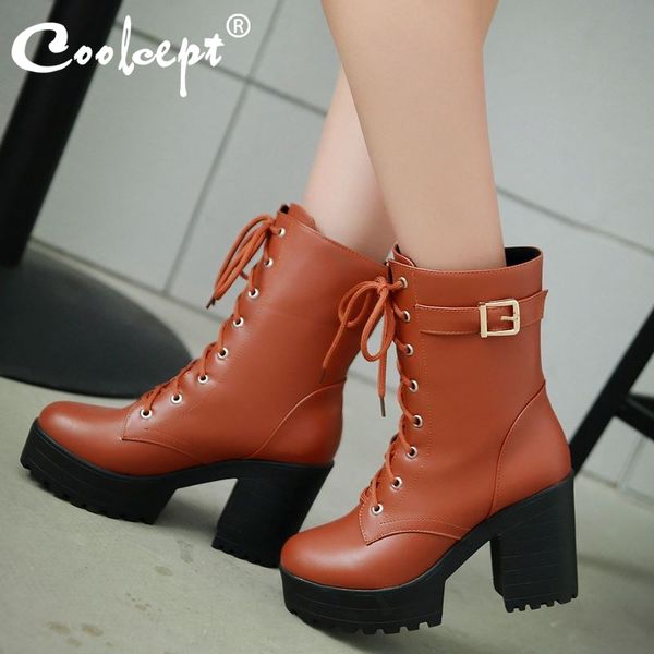 

coolcept mid calf boots black winter casual motorcycle platform high heels fall round toe punk shoes women footwear size 34-43