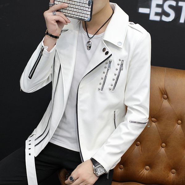 

hoho 2020 young man inclined zipper leather coat lapels new locomotive character rivet leather jacket, Black