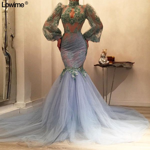 

dusty blue mermaid prom dresses arabic poet long sleeves high neck evening gown lace appliqued plus size formal party dress, Black