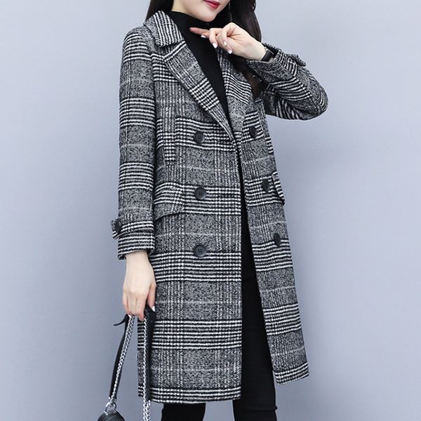 

plaid stripe wool coat women winter plus size turn down collar long trench coat overcoat manteau femme hiver women jacket, Black