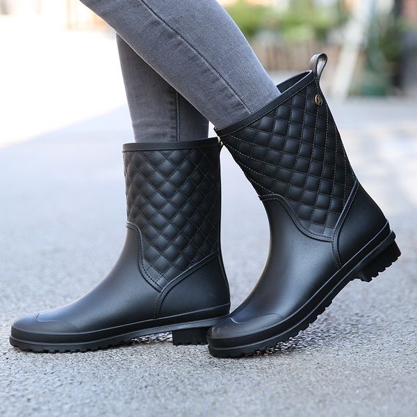 

2019 women rainboots mid-calf waterproof rubber rainny shoes woman motorcycle boots slip on round toe ladies botas mujer sh09071, Black