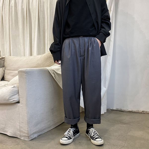 

male streetwear hip hop vintage fashion patchwork wide leg suit pant japan korea trousers men loose straight casual pants, Black